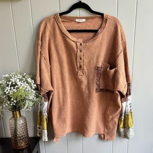 Oli & Hali Brown Waffle Knit with Patchwork Sleeves, front Pocket L/XL